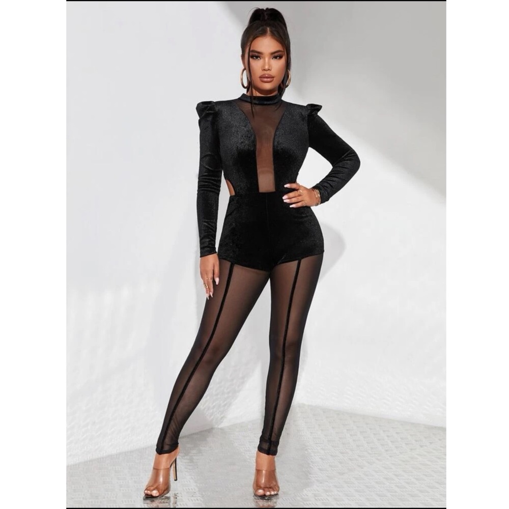 SXY Contrast Mesh Puff Sleeve Mock Neck Velvet Unitard Jumpsuit size 12
